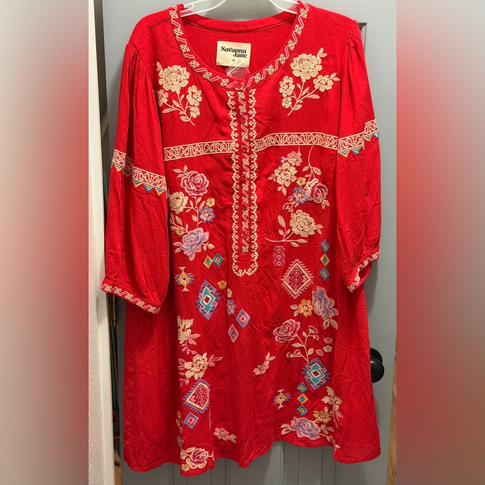 NEW Savanna Jane Women’s Flora Embroidered Dress, Notched Neckline, Red 1X